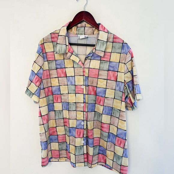 Vintage Retro Pastel Checkered Women’s Blouse - Picture 2 of 4
